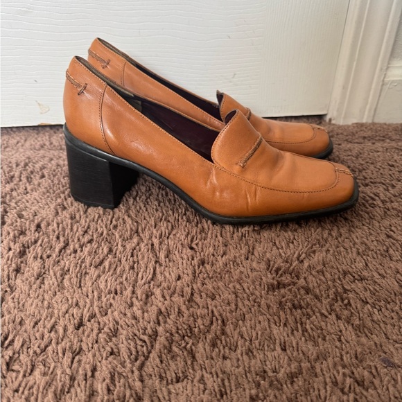 Nicole Shoes - Nicole Brown Tan Pumps Retro Vintage Block Heel Loafer Leather 9